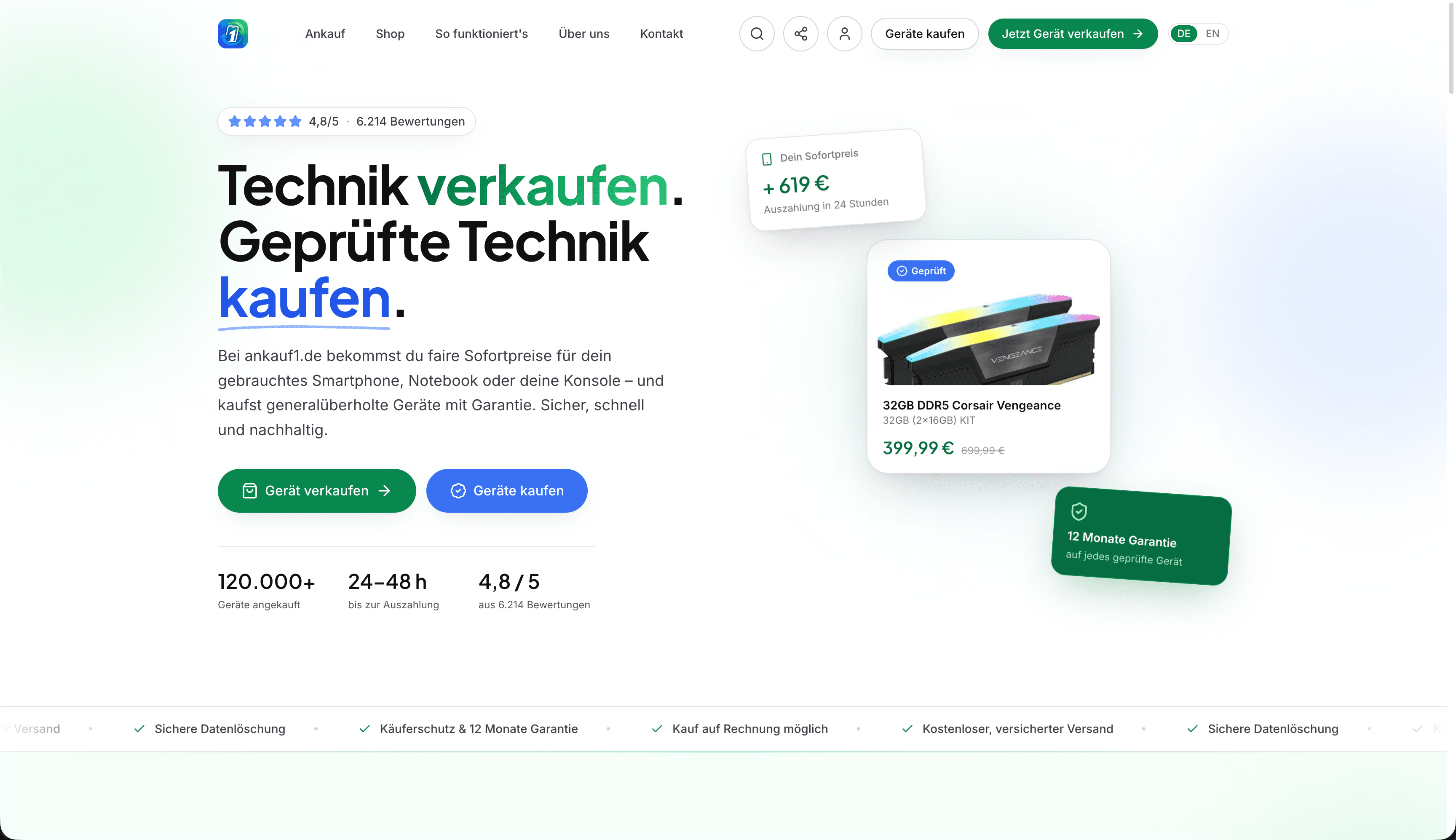 Startseite von ankauf1.de mit Sofortpreis-Rechner und geprüften Gebrauchtgeräten